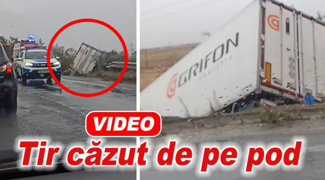 Tir sparge parapetul și cade de pe pasarela Nehoiu, șoferul scapă nevătămat